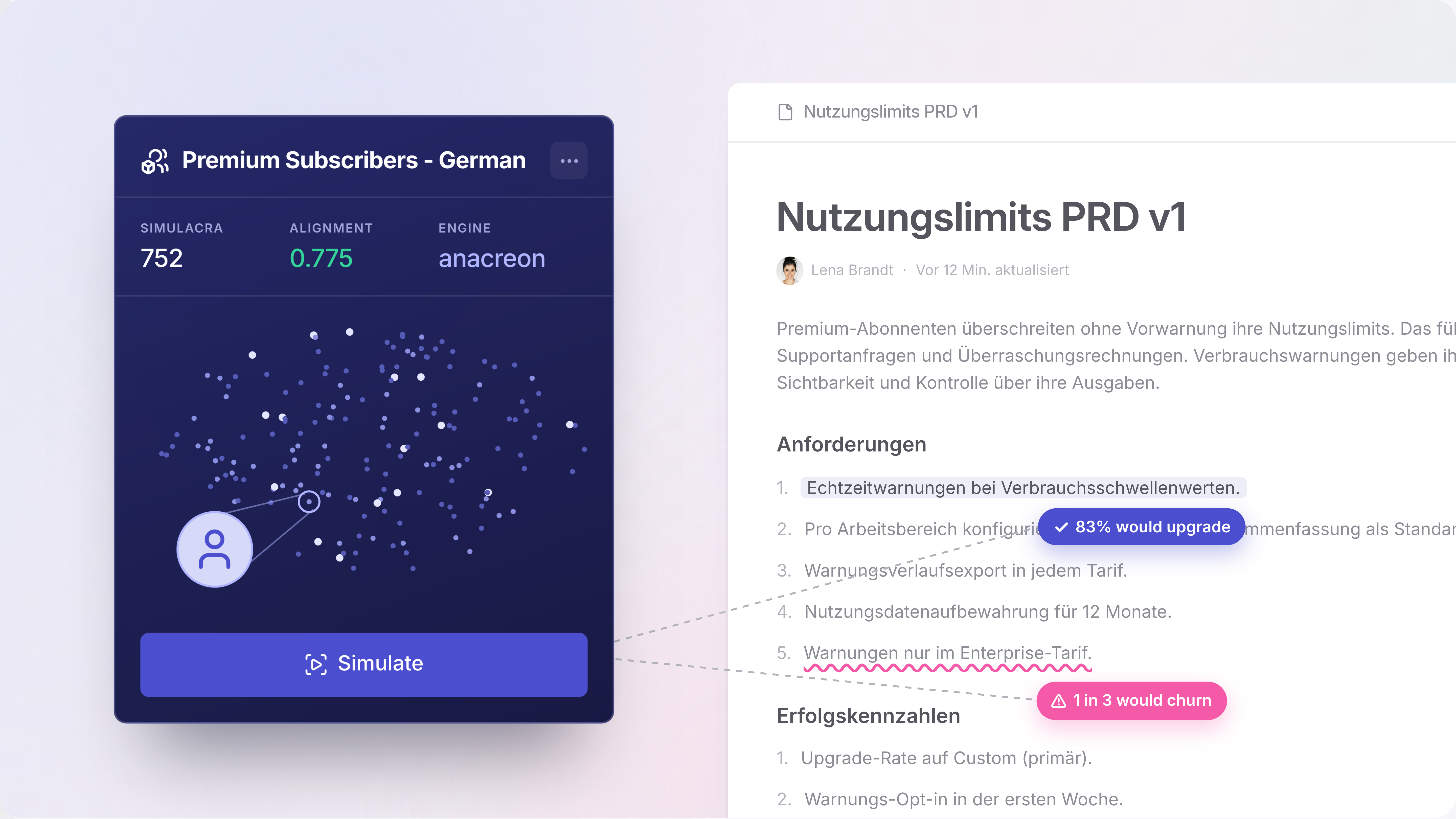 A German user model next to a PRD written in German, with predictions against two of its requirements
