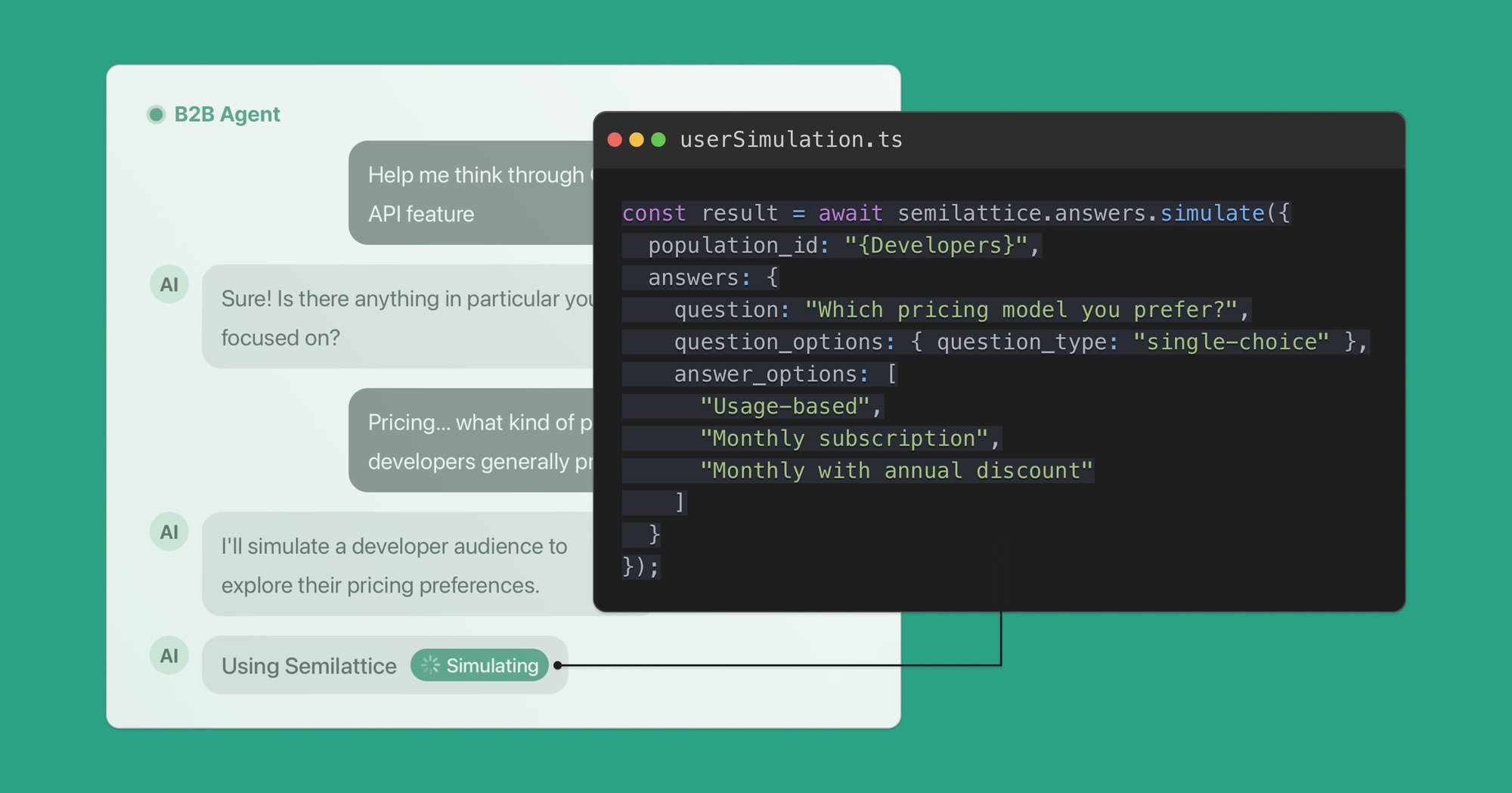 UI mock showing a B2B Agent chat interface, with the agent running a simulation with Semilattice plus the code showing how that simulation would be generated