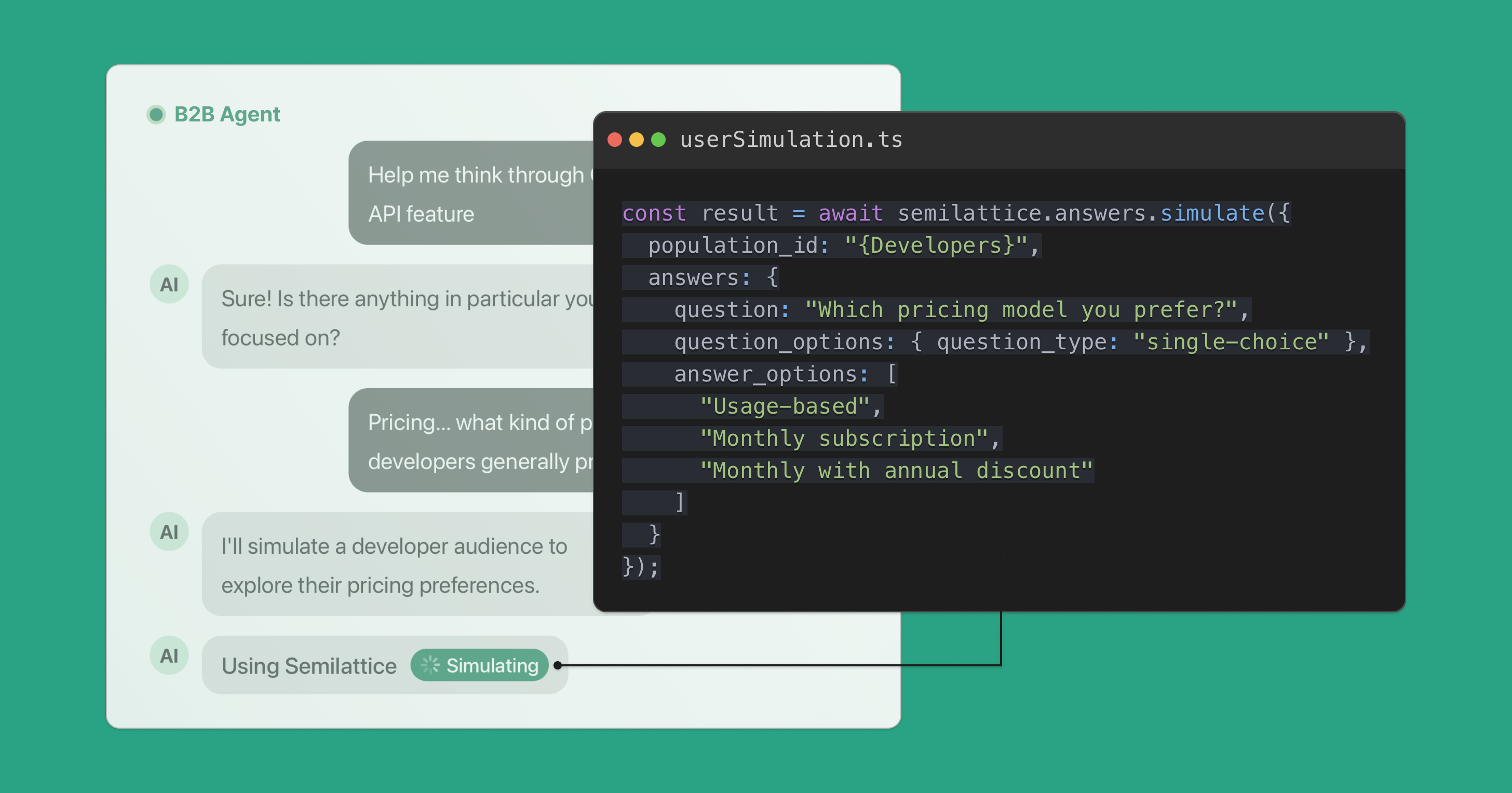 UI mock showing a B2B Agent chat interface, with the agent running a simulation with Semilattice plus the code showing how that simulation would be generated