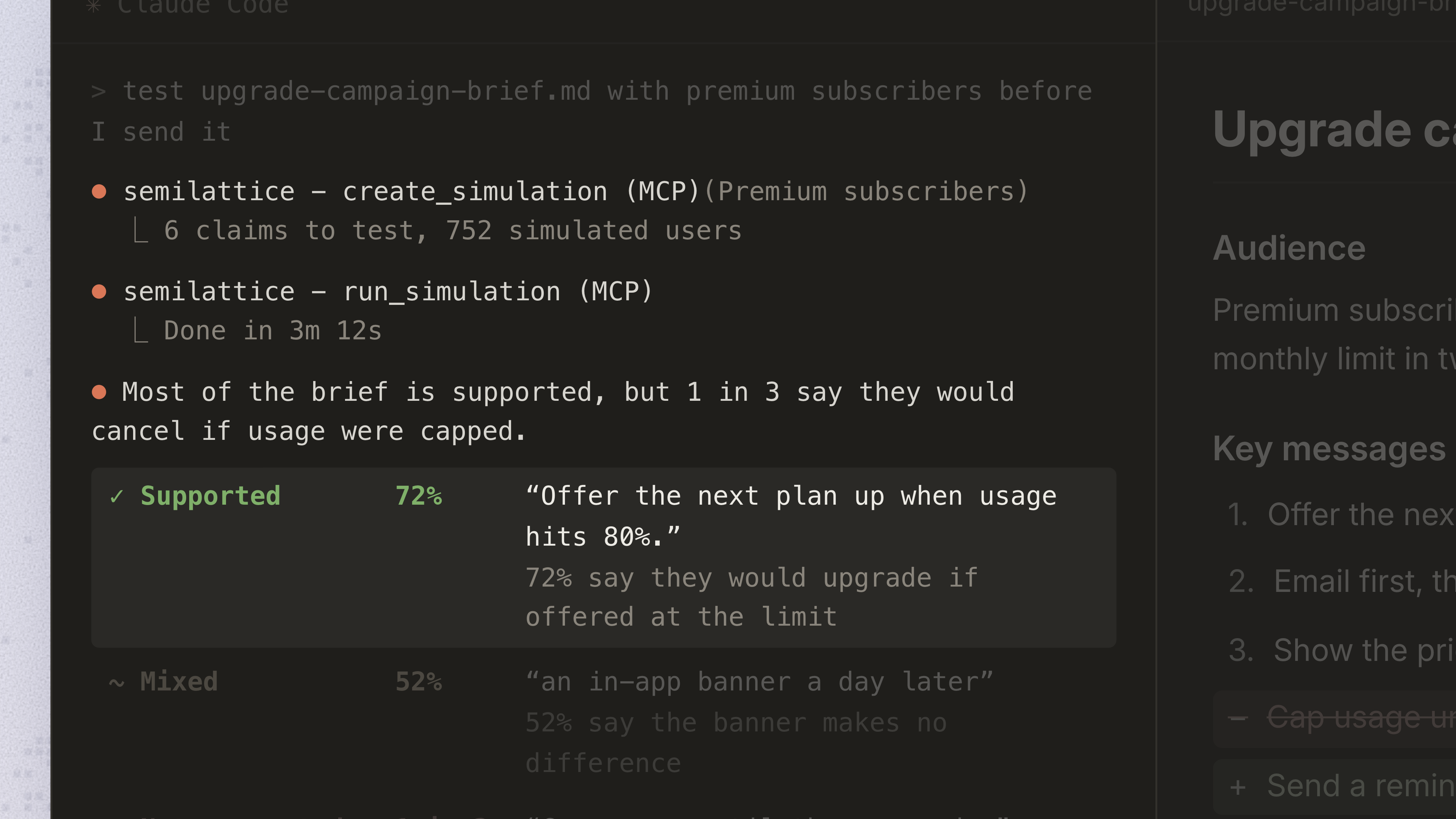 Claude Code testing a campaign brief with simulated premium subscribers through Semilattice, with each key message marked supported, mixed or not supported, and the brief edited to replace the line that failed