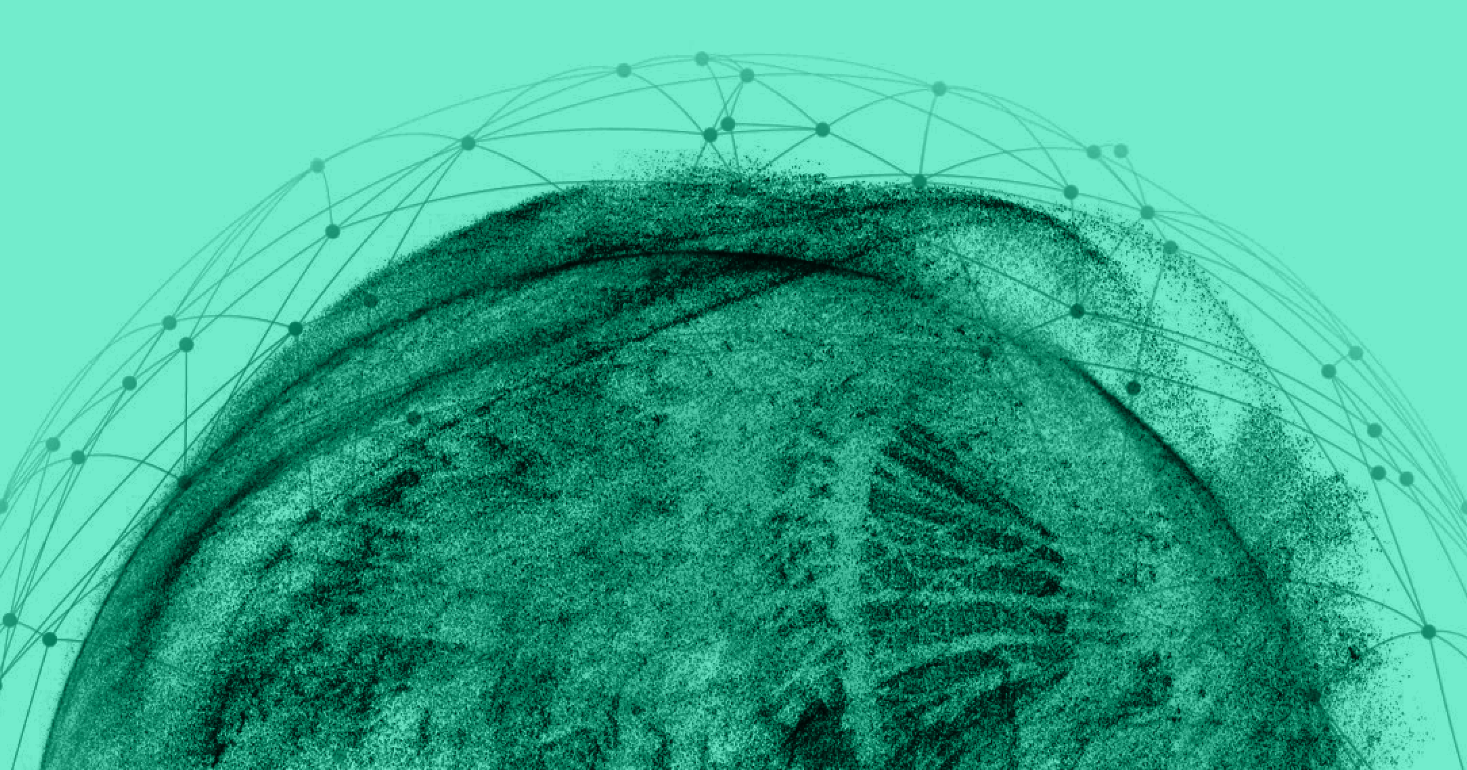 image depicting the complexity of the human world with a zoomed out globe made up of intricate, seemingly moving parts and a network of nodes and connections encircling it