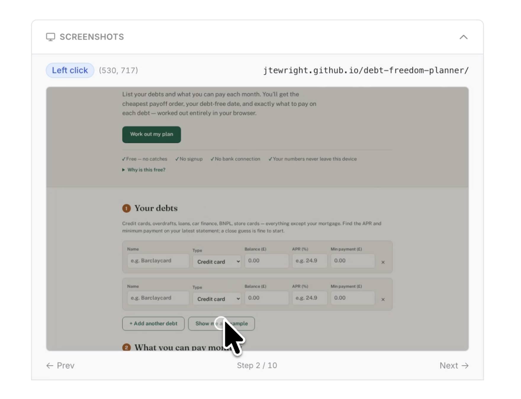 Step two of a simulated user's session on the live tool, clicking the Show me an example button below the debt form