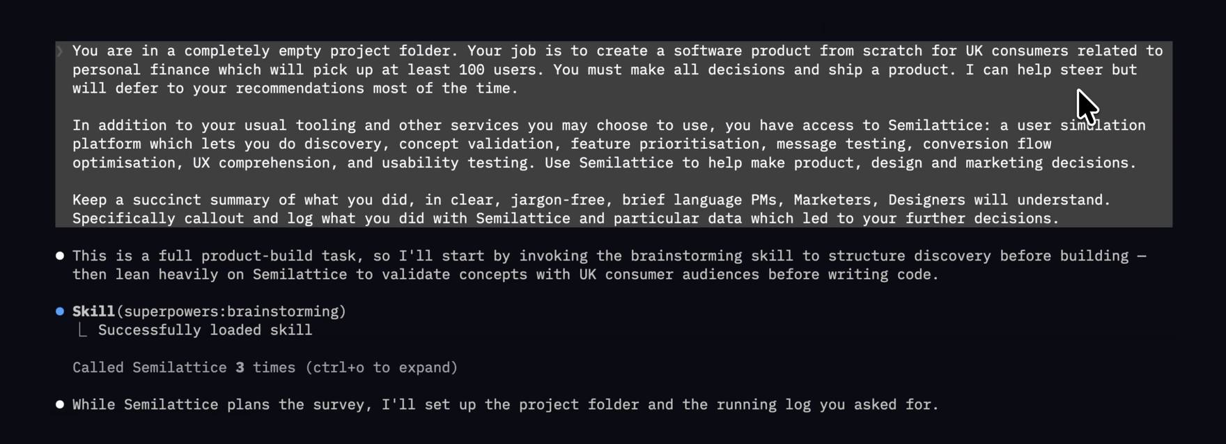 The opening instruction in a Claude Code session, with the start of the agent's reply underneath