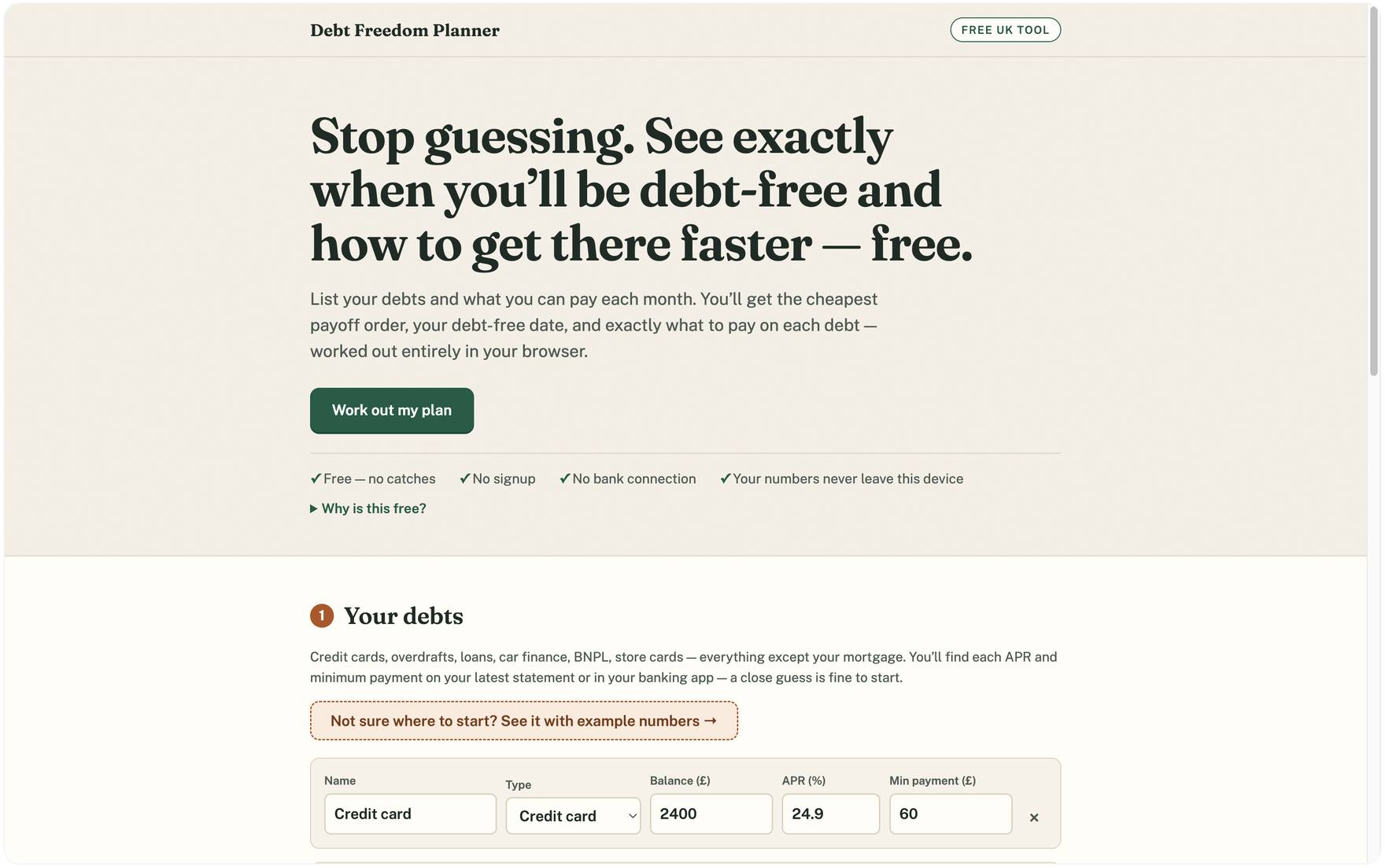 The live Debt Freedom Planner, with the Stop guessing headline, the trust strip, and the example numbers button above the debt form