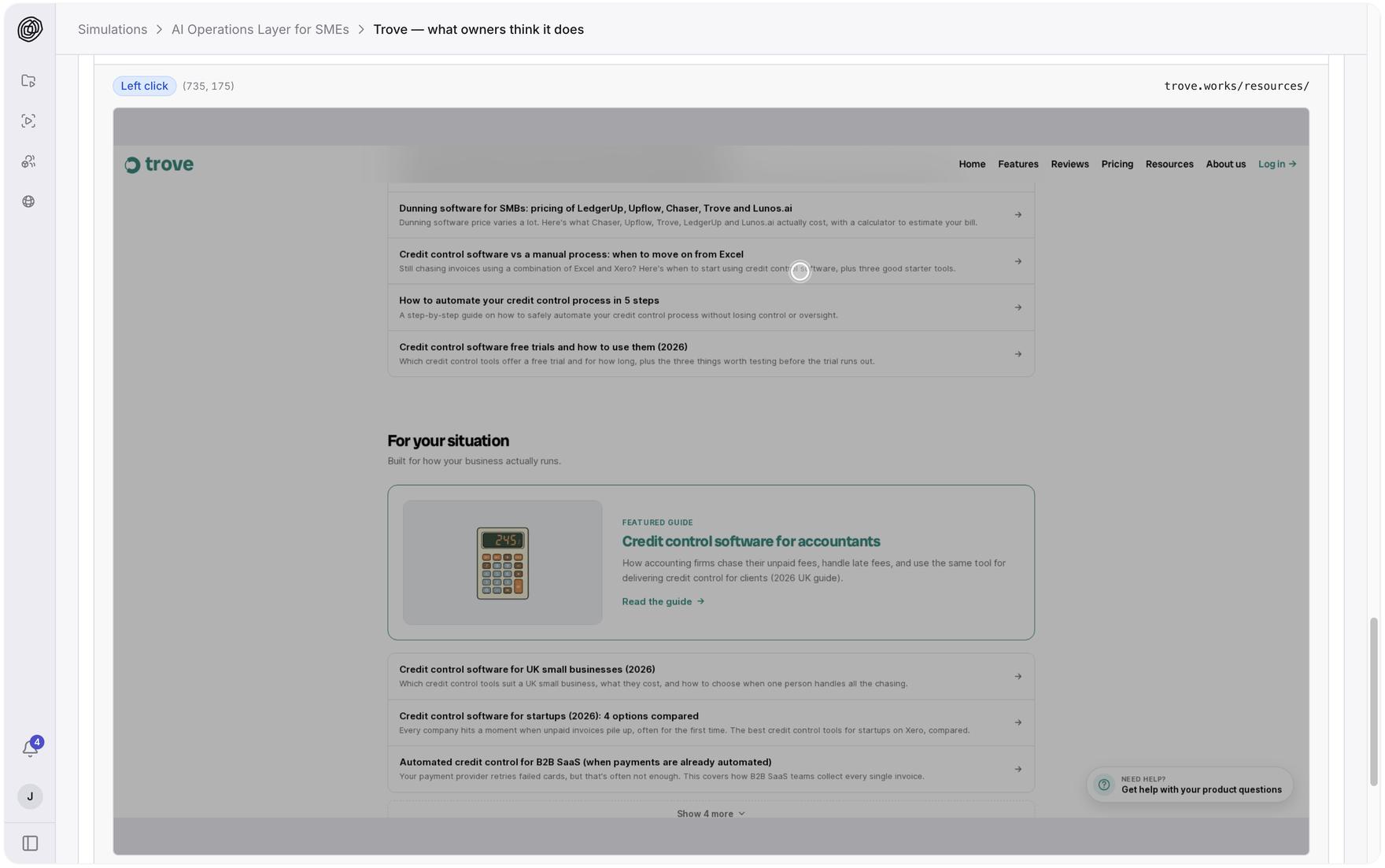 One recorded step of a simulated owner's session, showing the page and the point they clicked