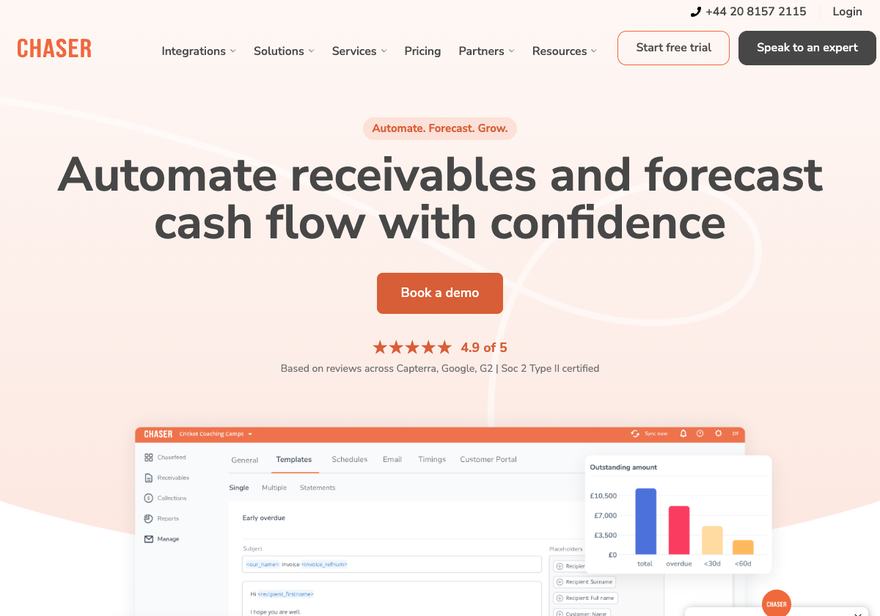 Chaser's homepage, headed Automate receivables and forecast cash flow with confidence