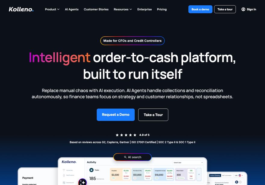 Kolleno's homepage, headed Intelligent order-to-cash platform, built to run itself