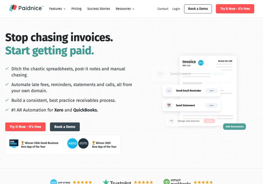 Paidnice's homepage, headed Stop chasing invoices, start getting paid