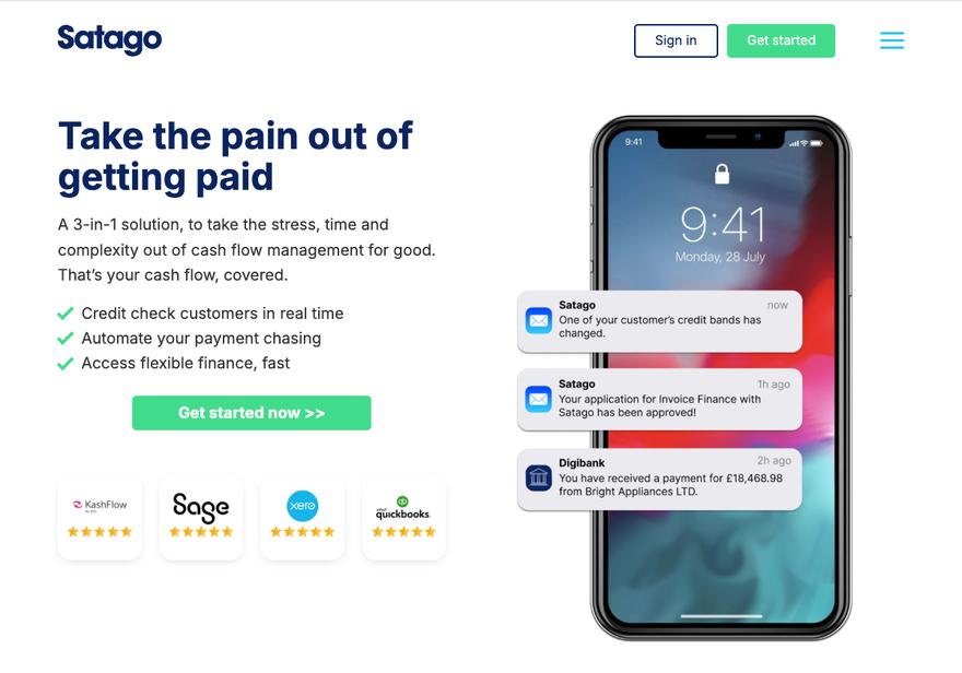 Satago's homepage, headed Take the pain out of getting paid