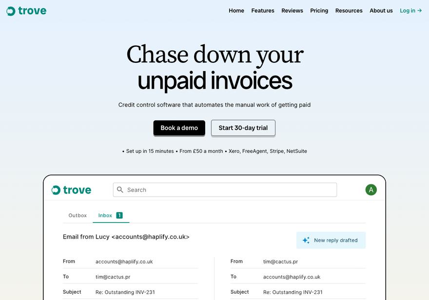 Trove's homepage, headed Chase down your unpaid invoices