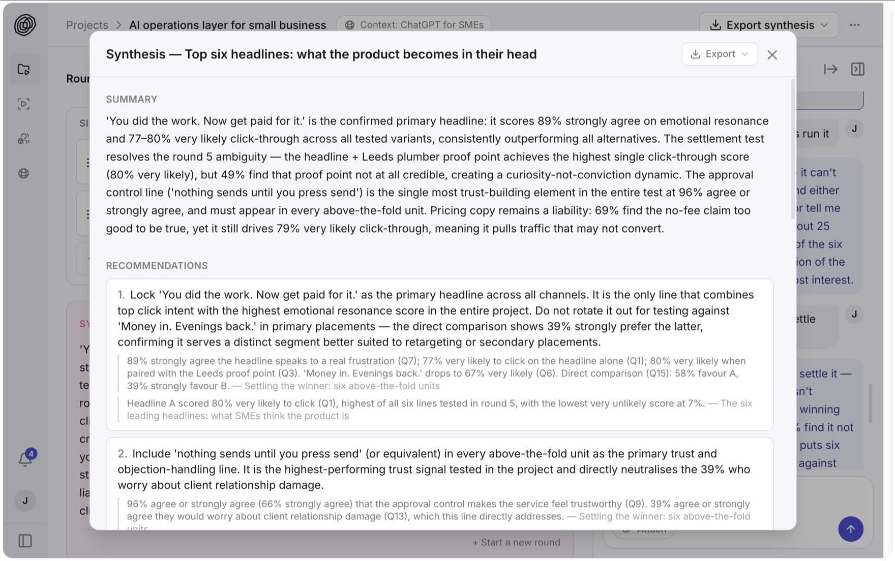 The synthesis naming the winning headline, with the click and credibility evidence behind it