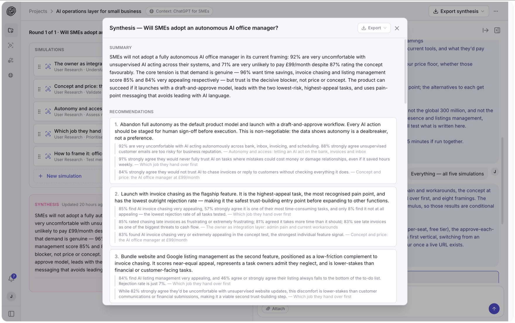 The synthesis across the five simulations, showing its summary and first recommendations