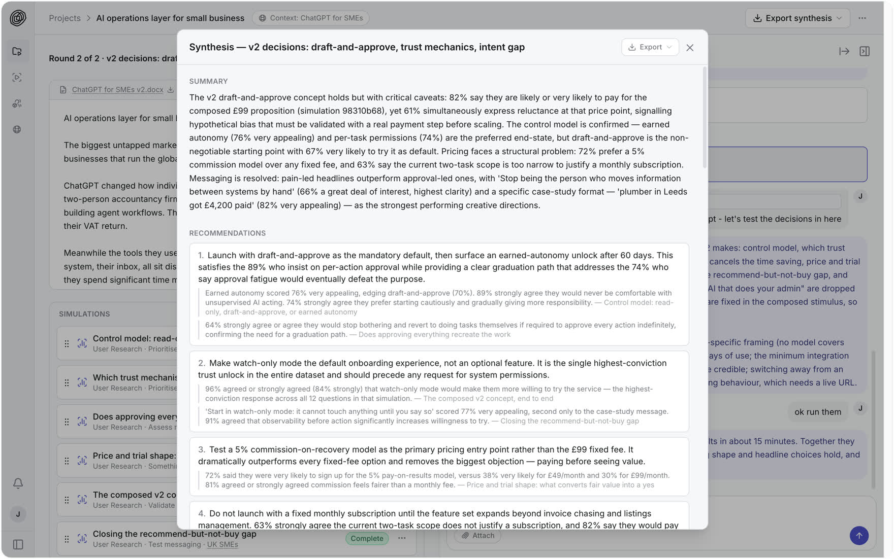 The synthesis across the seven simulations, with its summary and first recommendations